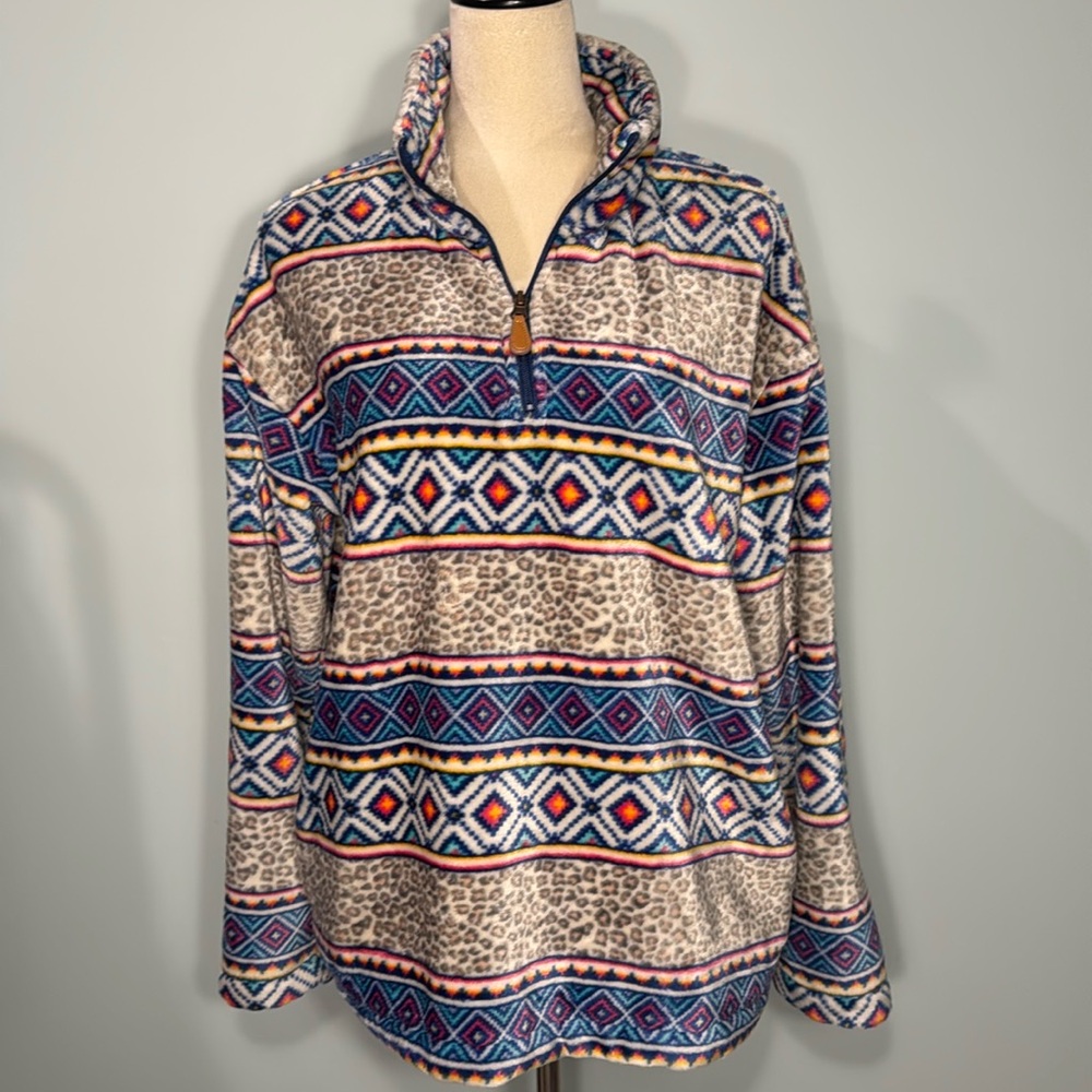 Heathmoor faux fur soft fleece pullover Aztec animal print jacket Size M